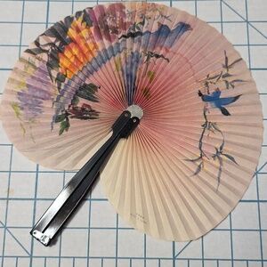 Chinese Paper Folding Hand Fan W/Metal Handle, Vintage Mid-Century, 27